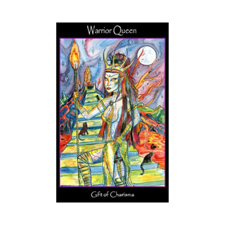 Colorful illustration of a warrior queen with a staff and cats, titled 'Warrior Queen: Gift of Charisma'.