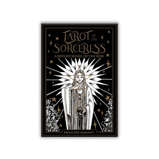 Book cover of 'Tarot of the Sorceress' with a central figure and decorative elements on a white background.