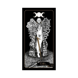 Black and white tarot card featuring a figure with floral decorations and a moon symbol above.