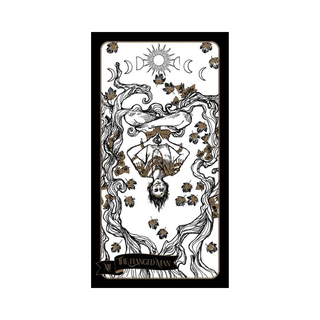 Tarot card with a black border featuring intricate designs and text on a white background