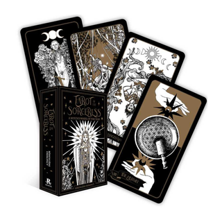 Tarot cards with intricate designs and a box labeled 'Lore of Sorceress' on a white background.