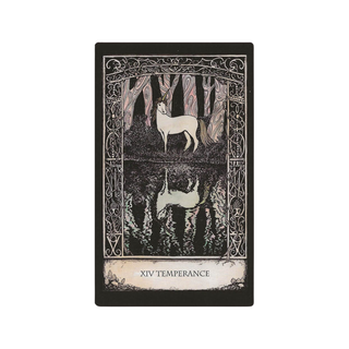 Tarot card with unicorn design and 'XIV Temperance' text on a white background