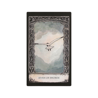 Tarot card titled 'Seven of Swords' with a decorative border and a bird flying over a mountain landscape.