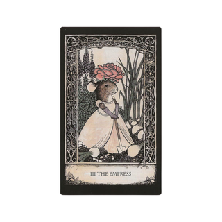 Tarot card featuring a mouse with a rose and gardening tools, labeled 'The Empress'.