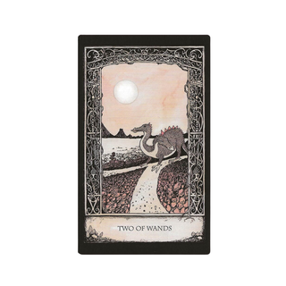 Tarot card featuring a dragon on a path with decorative border and 'Two of Wands' text.