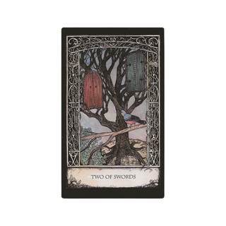 Tarot card featuring a tree with a door and a bird, labeled 'Two of Swords'.