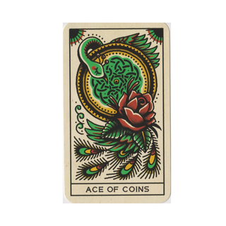 Card with a green snake, red rose, and peacock feathers on a beige background with 'Ace of Coins' text.