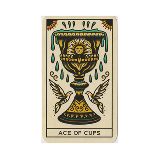 Ace of Cups tarot card with decorative urn and doves on a beige background
