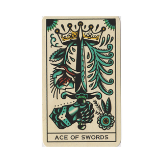 Card featuring the 'Ace of Swords' from a tarot card deck on a beige background