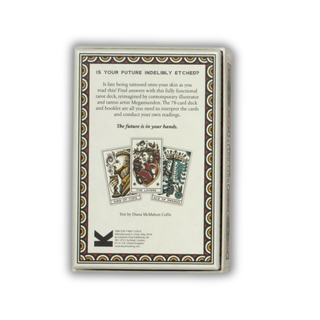 Card deck packaging with text and tarot card illustrations on a white background