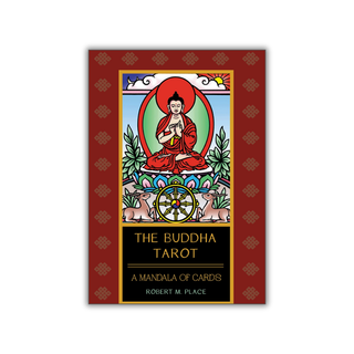 Book cover of 'The Buddha Tarot' with a Buddha illustration on a red background