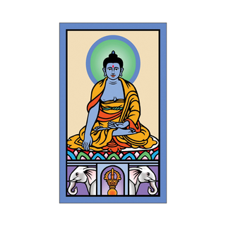 Illustration of a seated Buddha figure with colorful elements on a beige background