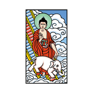 Illustration of a monk with an elephant on a cloud background