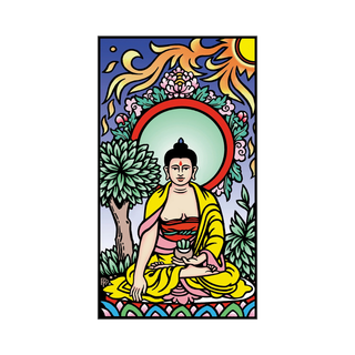 Colorful illustration of a seated figure in a garden setting with floral and natural elements.