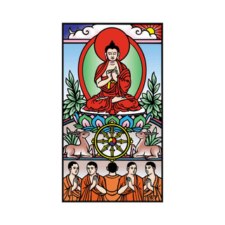 Stylized illustration of Buddha and monks with a wheel of dharma in the center, framed by decorative elements.