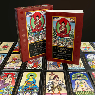 Two copies of 'The Buddha Tarot' with tarot cards displayed in front on a dark background.