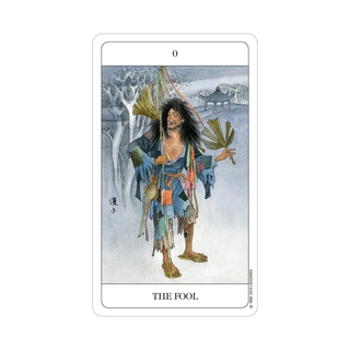 A card from the Chinese Tarot titled 'The Fool' with a character holding a staff against a snowy landscape.