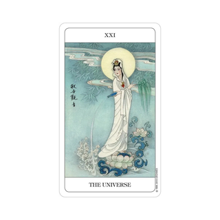 A card from the Chinese Tarot titled 'The Universe' with a woman in a white robe and blue shoes on a light blue background.
