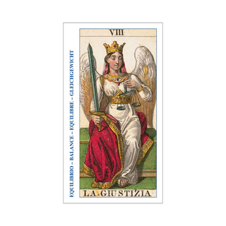 Tarot card featuring a figure holding a sword and scales, with text and symbols around.