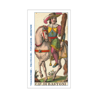 Vintage-style illustration of a traveler on horseback with text on a white background