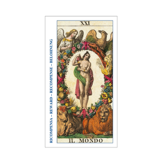 Tarot card titled 'Il Mondo' with decorative elements on a white background