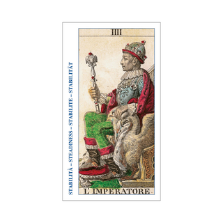 Card from a tarot deck featuring an emperor holding a scepter on a white background