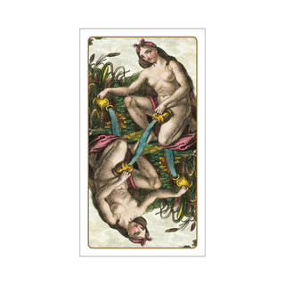 Vintage-style card with two nude figures holding swords on a white background
