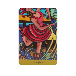 Colorful tarot card featuring a woman in a red dress with 'The Fool' at the bottom.