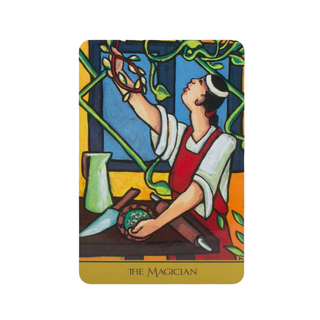 Tarot card featuring 'The Magician' with colorful design and character holding a sword.