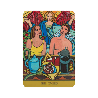 Card titled 'The Lovers' featuring two people and a horse, with a colorful design.