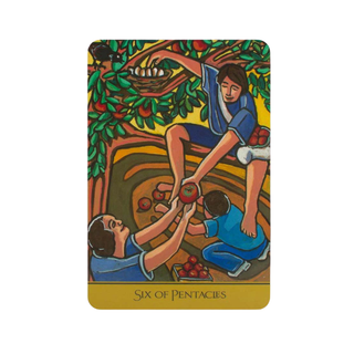 Tarot card titled 'Six of Pentacles' with colorful illustration of people and fruit.
