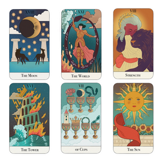 Set of six tarot cards with colorful illustrations and text