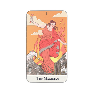Tarot card titled 'The Magician' with a person in a red robe and a small child on a white background.