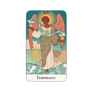 Tarot card titled 'Temperance' with an angel figure and symbolic elements on a white background.