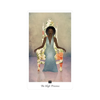Illustration of a woman in a flowing dress with floral elements, titled 'The High Priestess'.