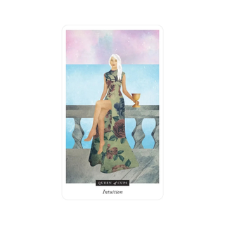 Tarot card featuring a woman in a floral dress sitting on a railing with a cup, titled 'Queen of Cups'.