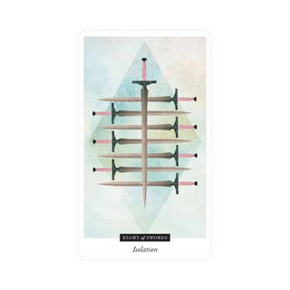 Card with a geometric design featuring swords on a light background