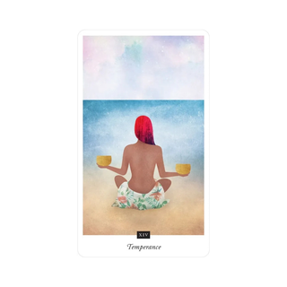 Artistic depiction of a person with red hair sitting on a beach, holding two cups, with 'Temperance' text at the bottom.