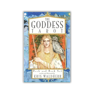 Book cover of 'The Goddess Tarot' with a stylized illustration of a woman holding an owl on a blue background.