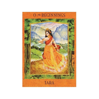 Card featuring a woman in an orange dress with mountains and trees in the background, labeled 'O Beginnings Tara'.