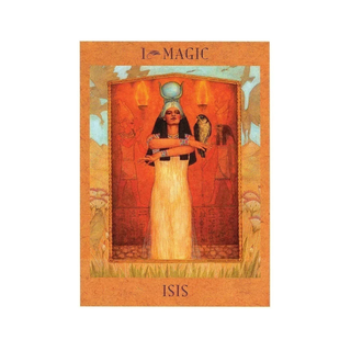 Card featuring an illustration of a woman in a white dress with a headdress, holding a bird, on an orange background with 'L-MAGIC' branding.