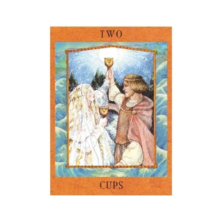 Tarot card featuring two people holding cups with an orange border and 'Two Cups' text.