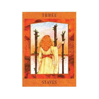 Tarot card featuring a woman holding three staves with an orange border and text.