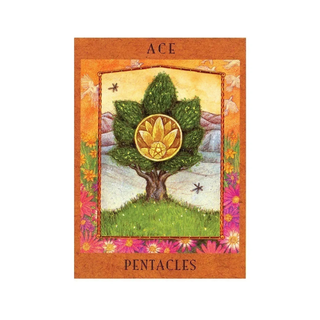 Card with a tree and pentacle symbol on a colorful background