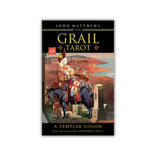 Book cover of 'The Grail Tarot' by John Matthews with Templar knights illustration.