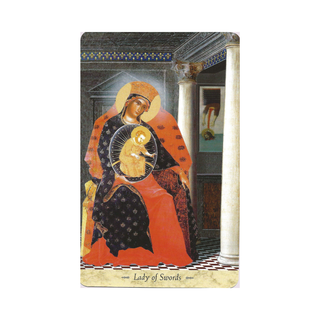 Card featuring a religious illustration of a woman holding a child, with text 'Lady of Swords' at the bottom.