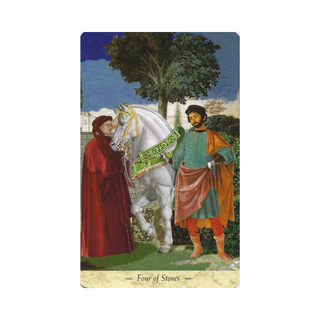 Card featuring two figures with a white horse, labeled 'Four of Stones'.