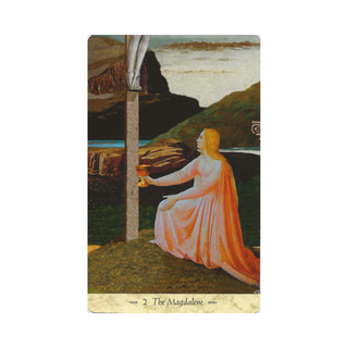Card featuring a woman in a long dress by a tree with a scenic background