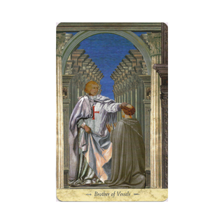 Card featuring a figure in a classical setting with text 'Brother of Vessels' on a white background