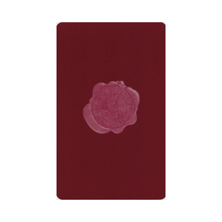 Maroon book with a embossed seal on a white background
